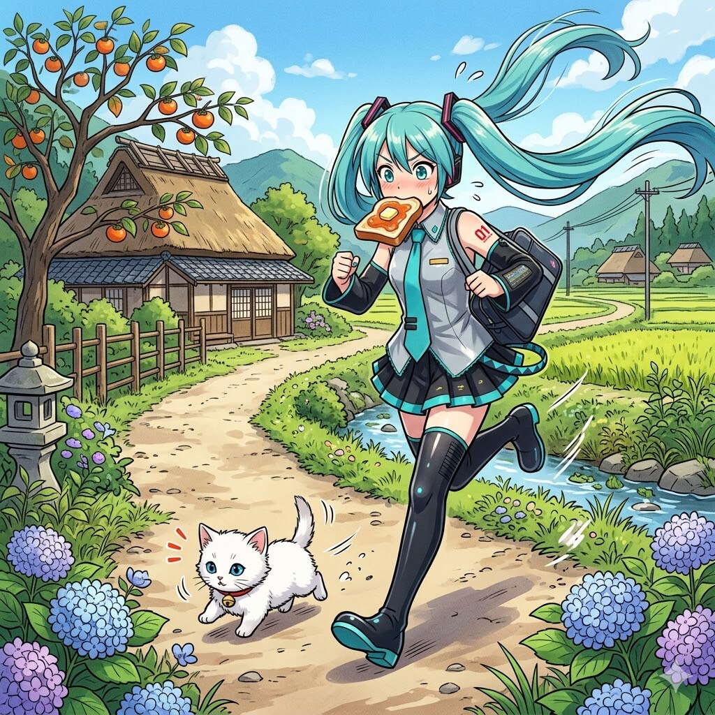 学校に遅刻しそうになっている初音ミクと猫が走っているイラスト