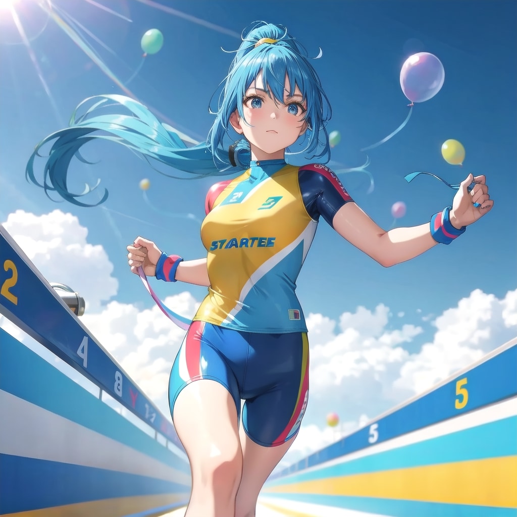 色とりどりの風船の中スピードスケート選手が走る