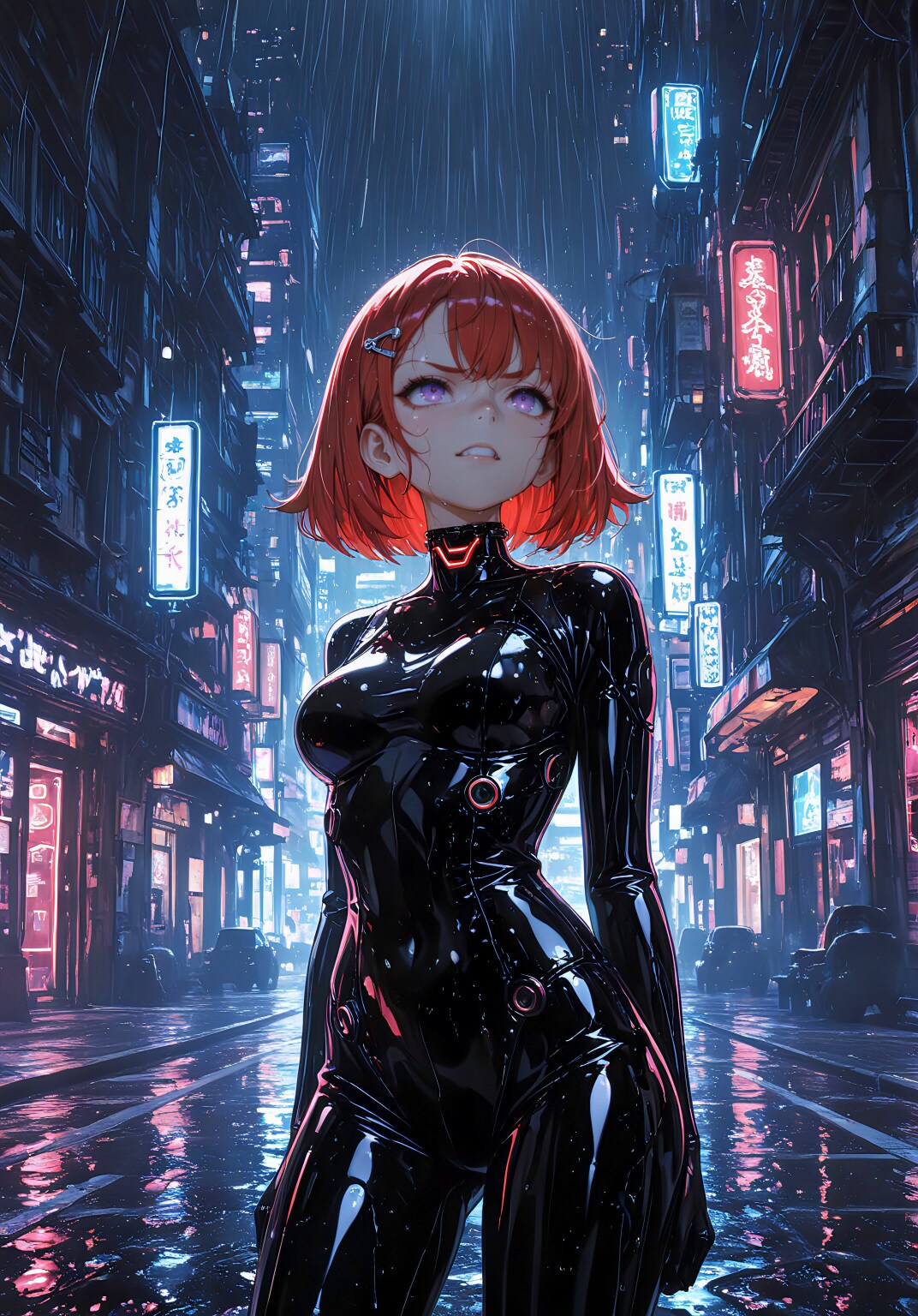 黒艶ラバーと雨のネオン街