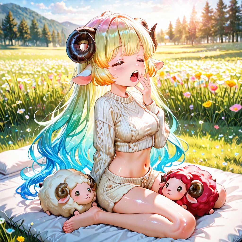 5枚）欠伸をする羊娘さん