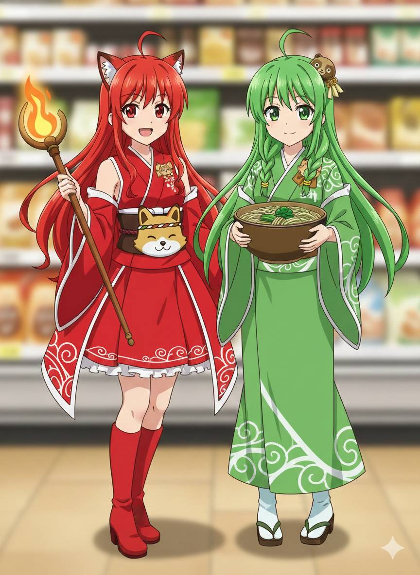 赤キツネ娘と緑タヌキ娘