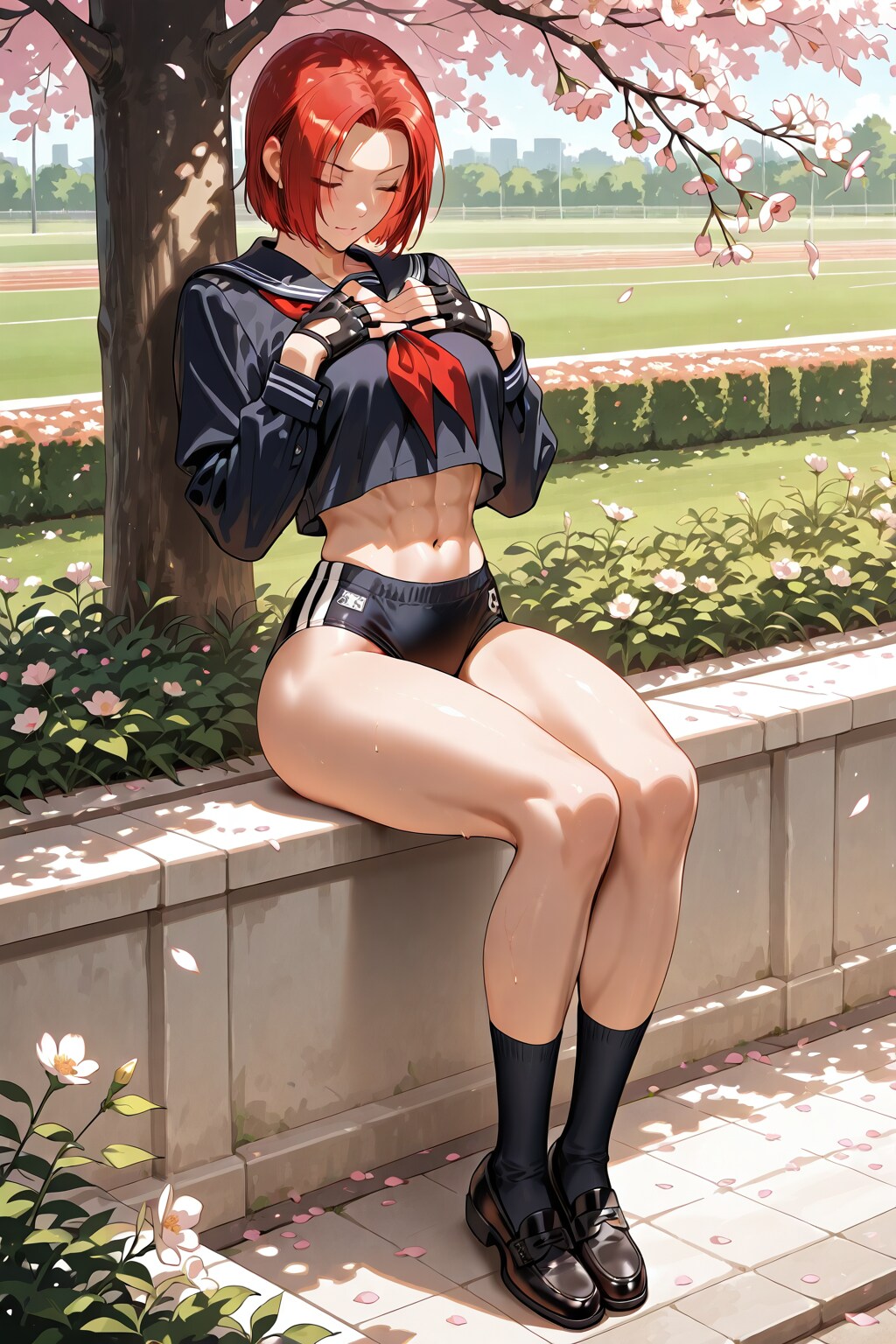セーラー服の赤毛美女のへそ出しブルマのセクシーな憩い