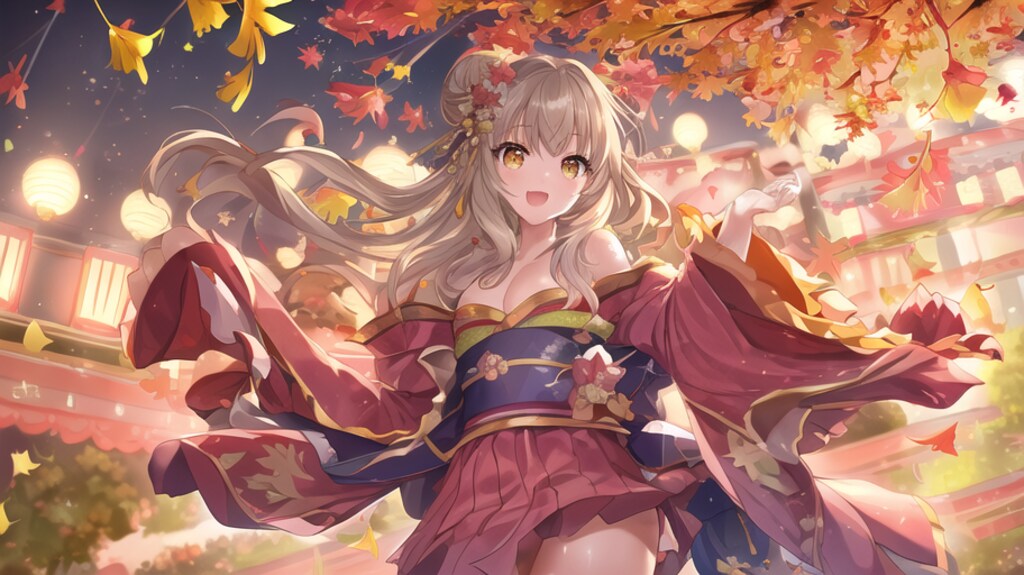 秋、少女、白髪、金色