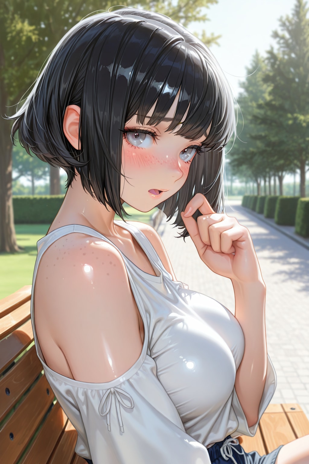 公園のベンチに座るそばかすボブちゃん