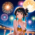 金色ビキニの三葉さんと花火 2枚目