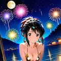 金色ビキニの三葉さんと花火 3枚目