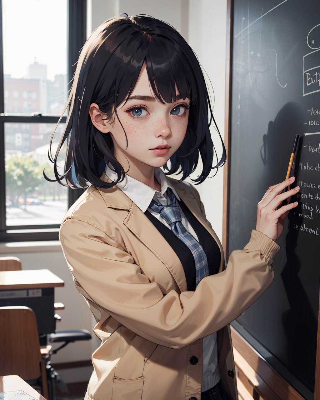 学生服,黒板前,チェック柄