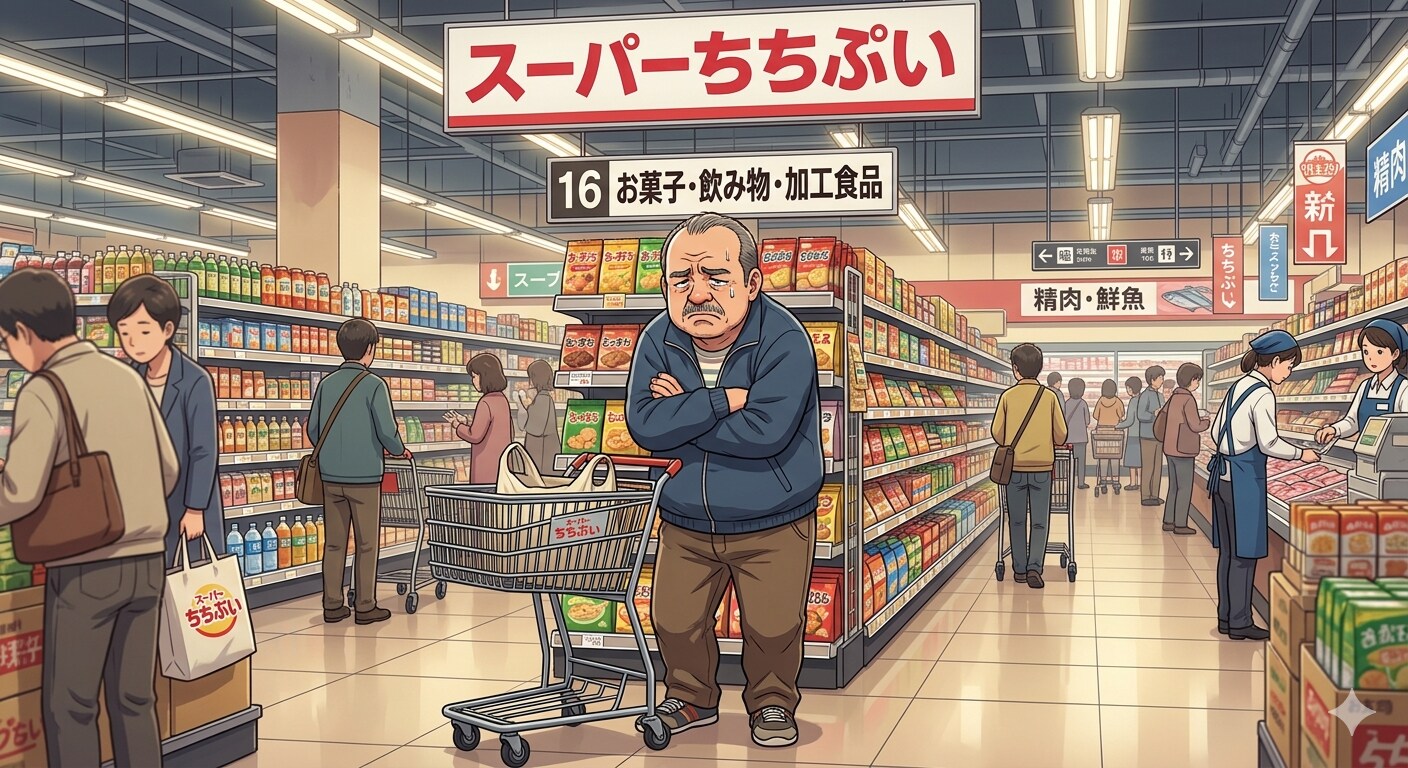 スーパーちちぷいにて売り場が分からなくて拗ねているおっさん