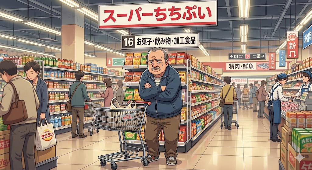 スーパーちちぷいにて売り場が分からなくて拗ねているおっさん