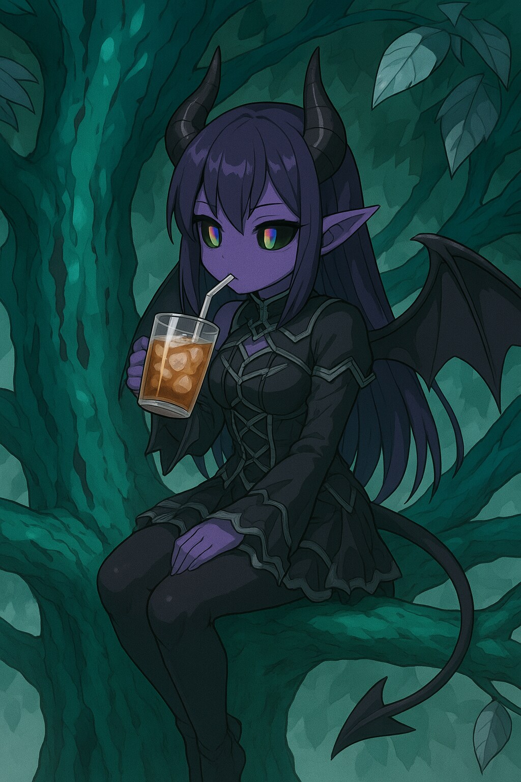 枝の上で麦茶を飲む悪魔ちゃん