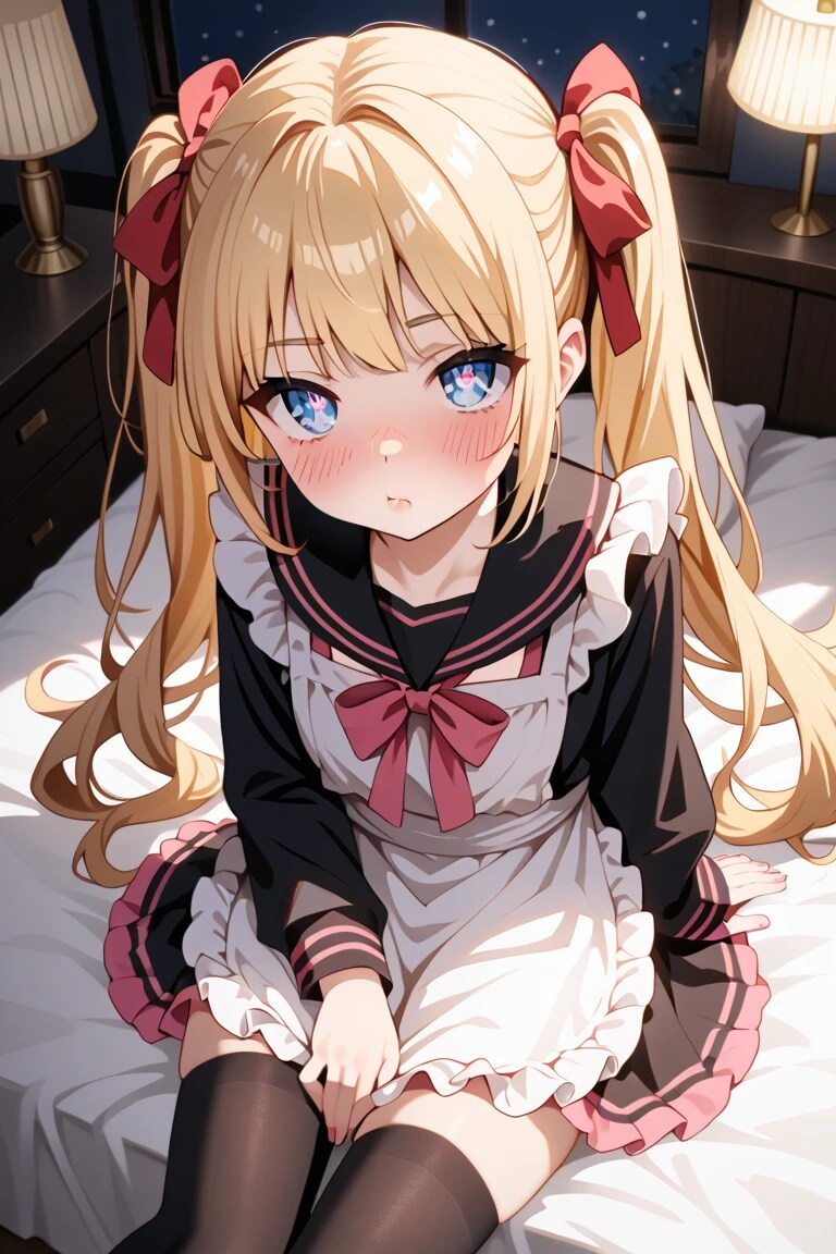 ベッドに座ってハート瞳の金髪ツインテメイド莉奈♡ かわいいでしょ？😳