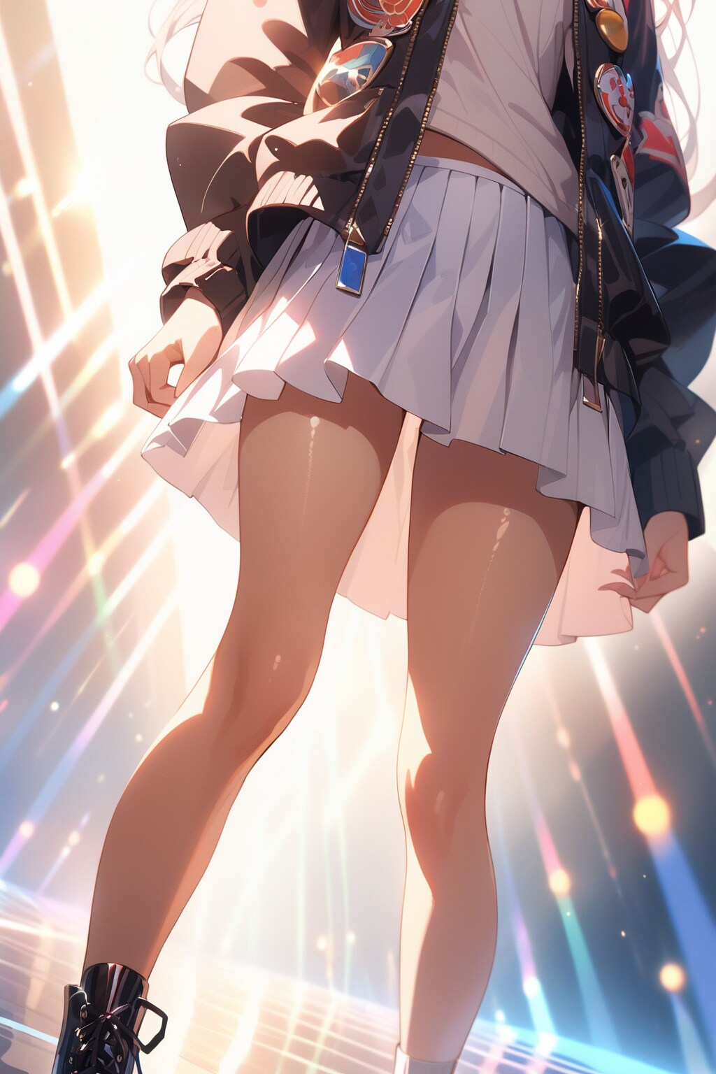 白のプリーツスカートと太ももを低めの直球で攻める
