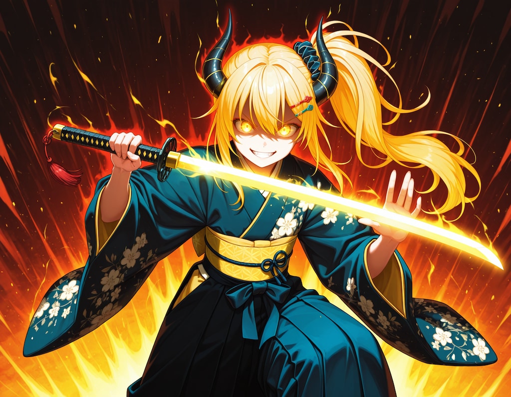 光る刀を構える女鬼高生さん