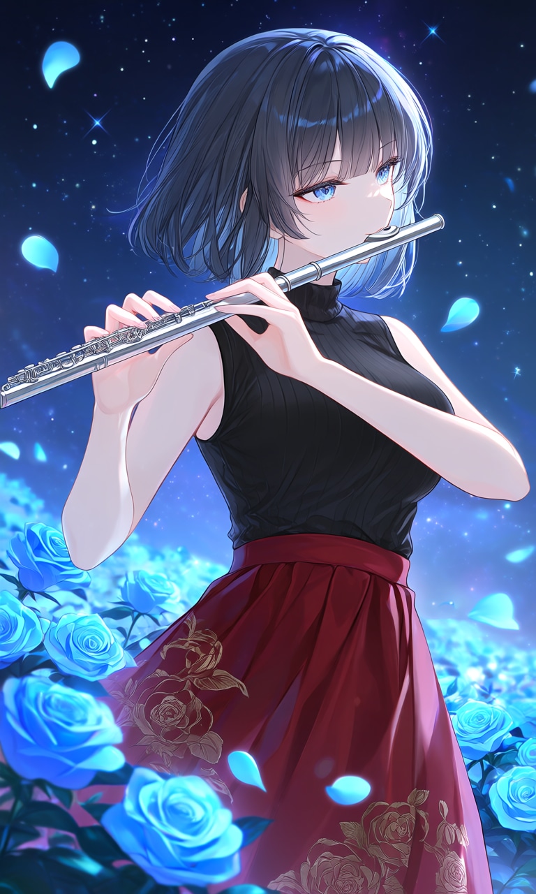 【よその子、黒髪栞ちゃん】青い薔薇と黒髪少女