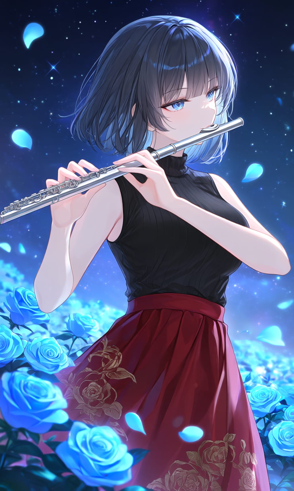 【よその子、黒髪栞ちゃん】青い薔薇と黒髪少女