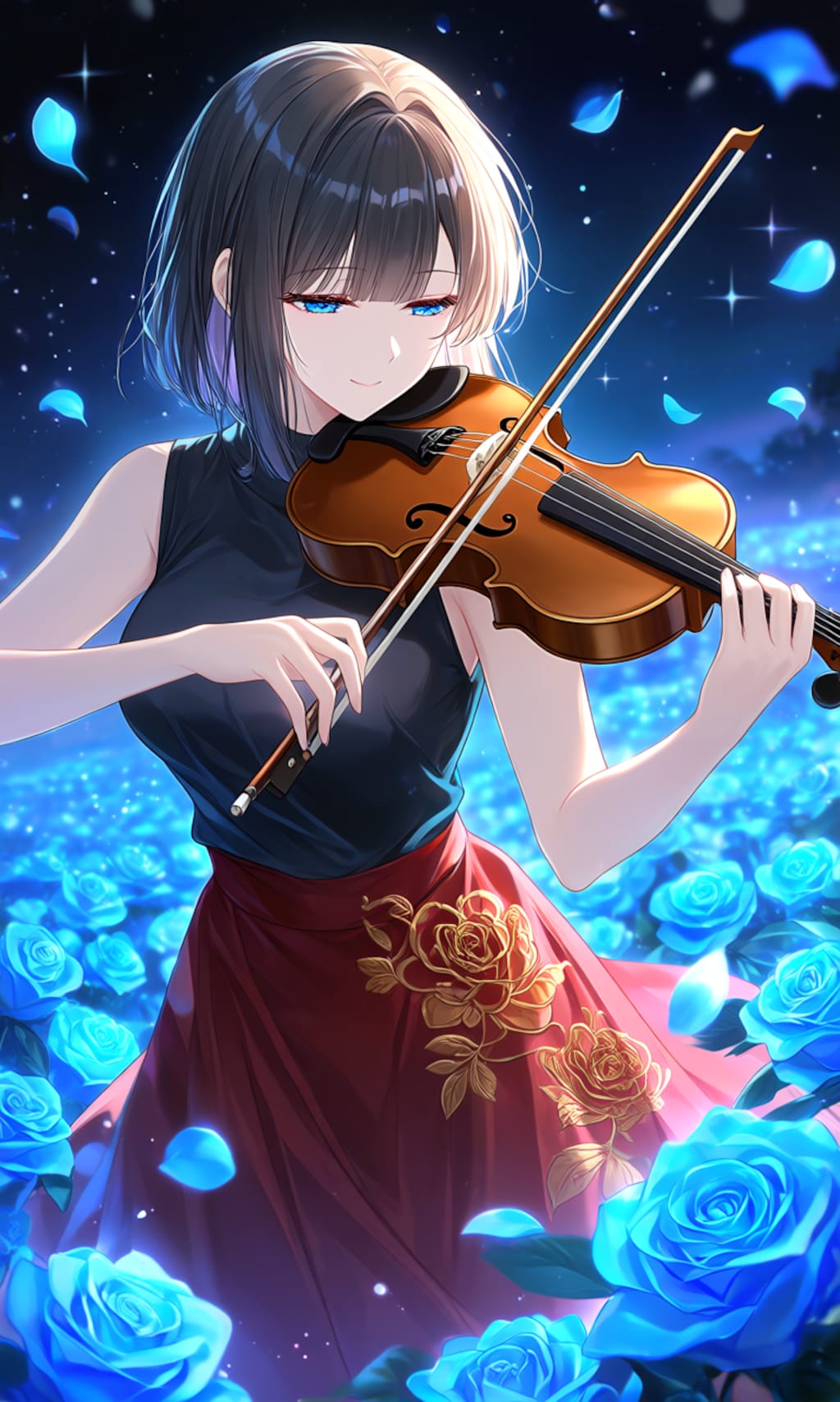【よその子、黒髪栞ちゃん】青い薔薇と黒髪少女