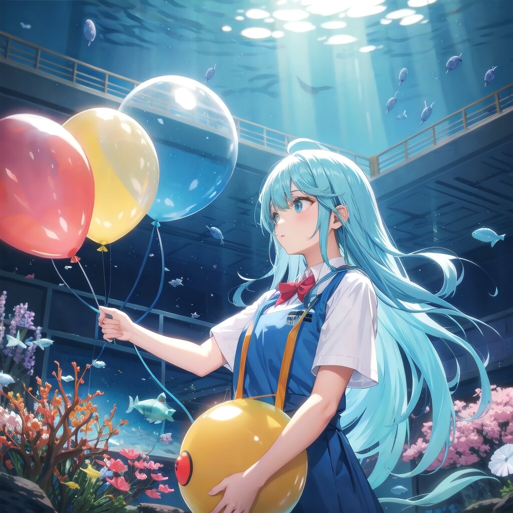 いっぱい色とりどりの風船を持つ水色髪ロングの水族館の美女職員さん | の人気AIイラスト・グラビア