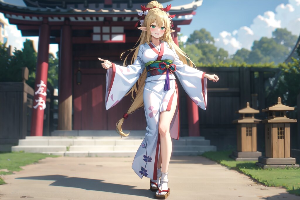 夏の神社のエルフの若奥様