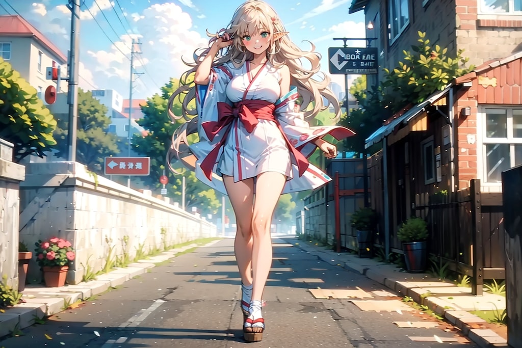 夏の神社のエルフの若奥様