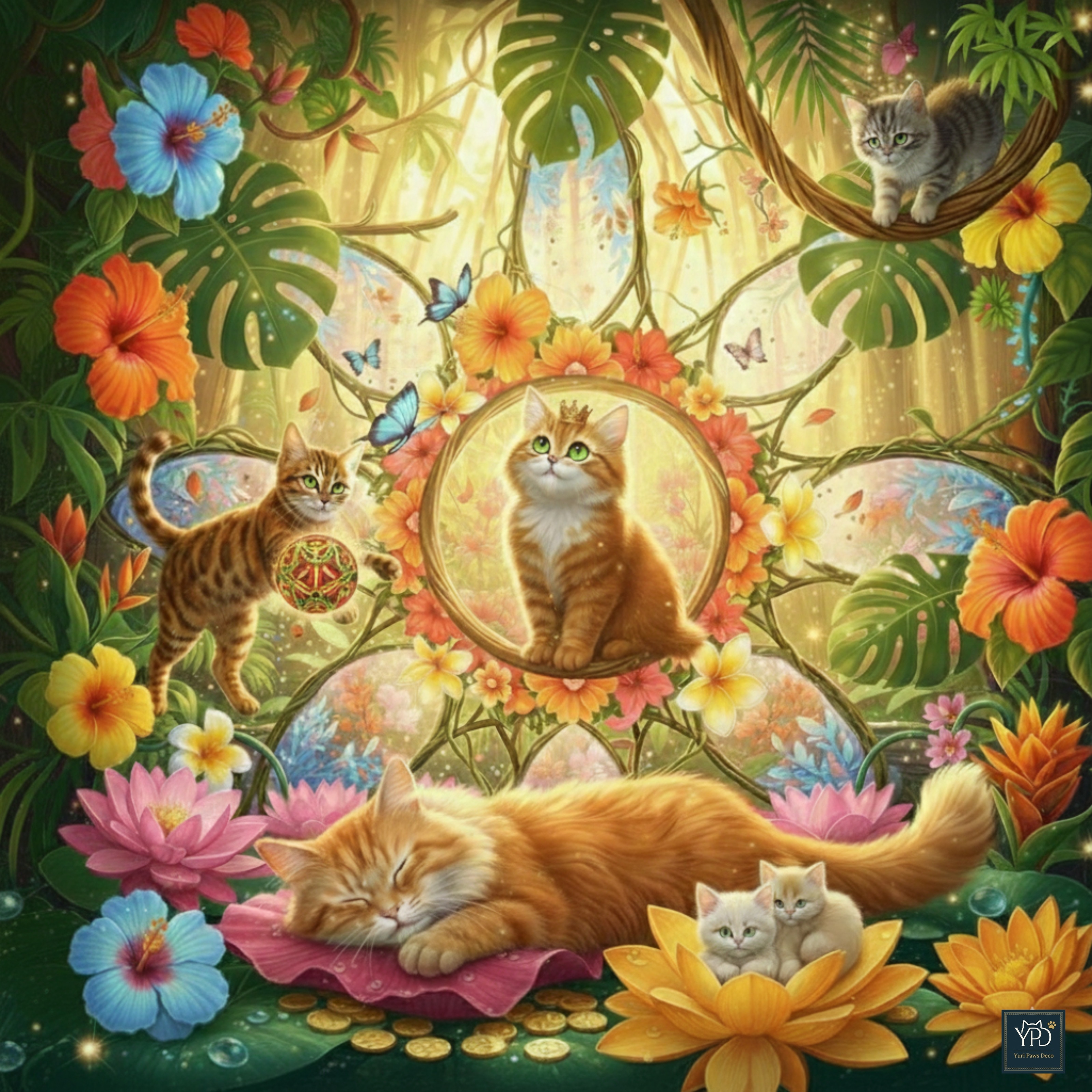 . 猫たちの秘密の楽園 〜黄金の風に吹かれて〜 Secret Paradise of Cats: Whispers of the Golden Breeze | の人気AIイラスト・グラビア