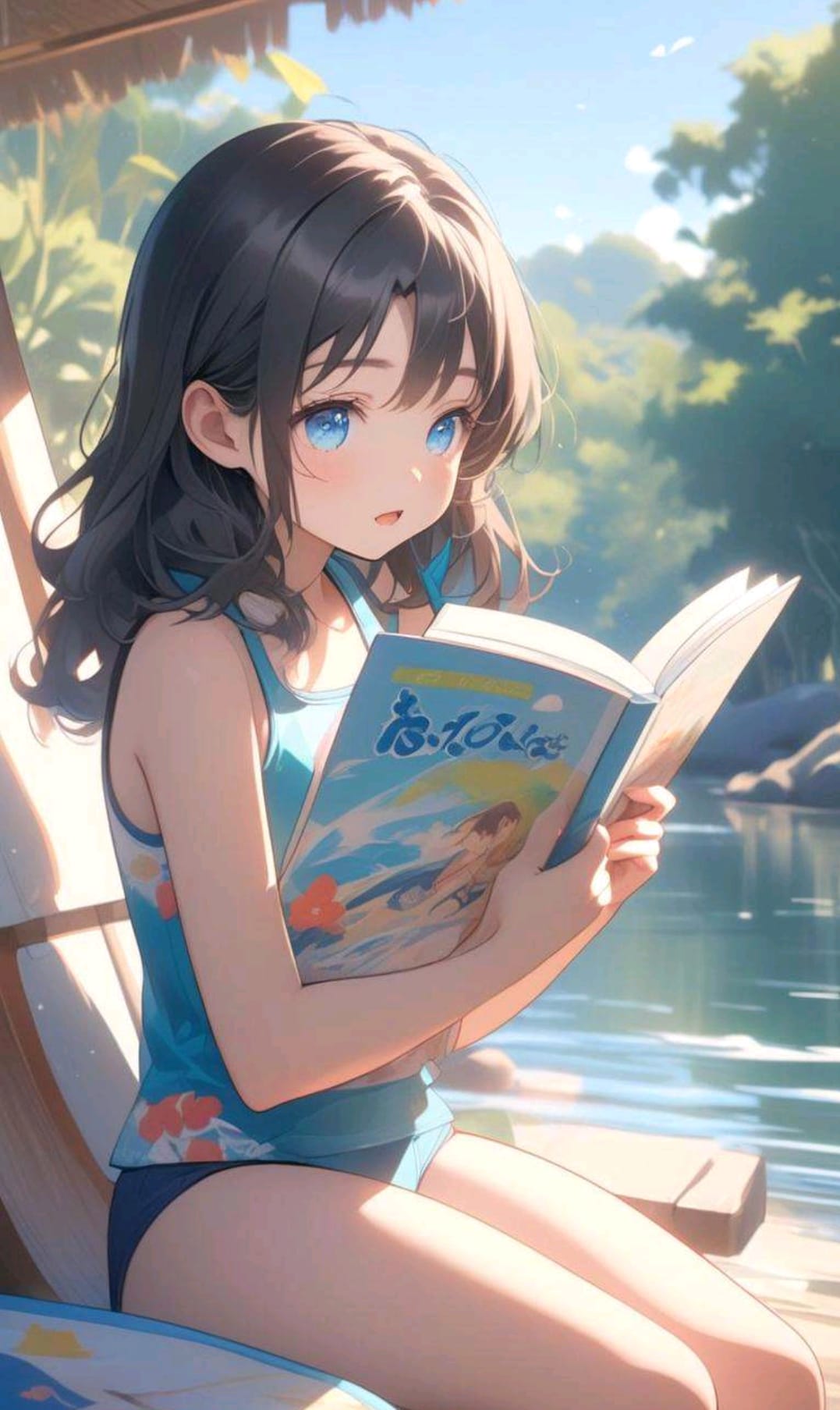 川辺で本を読む小さな女の子 | の人気AIイラスト・グラビア