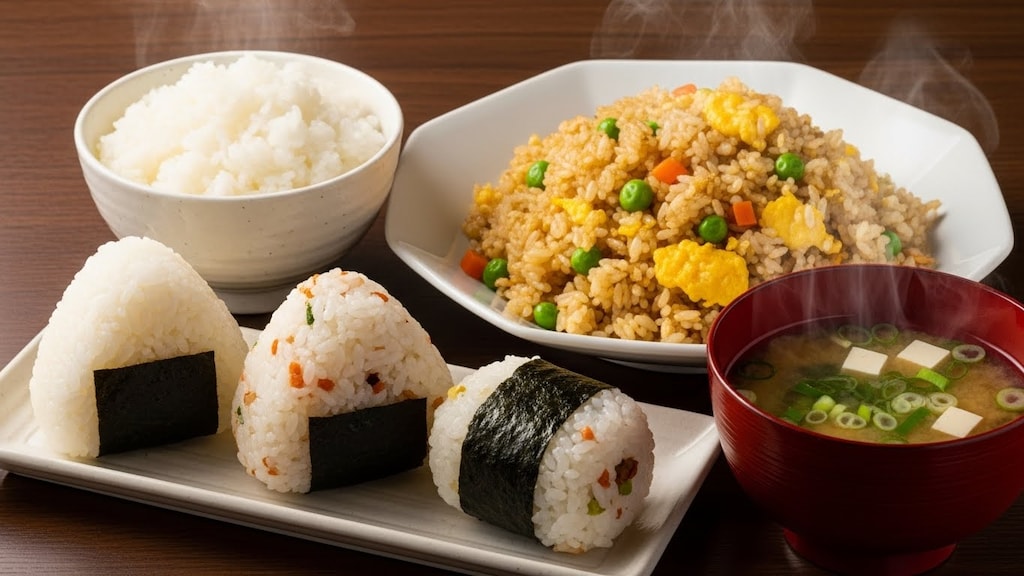 摩訶不思議食堂の米飯おにぎり炒飯セット味噌汁付き