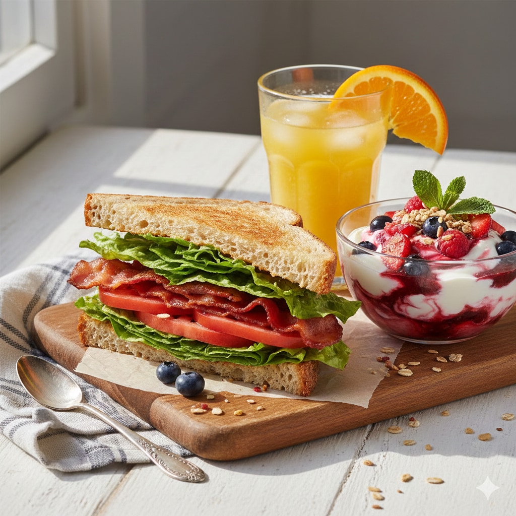 【朝食】BLTサンドイッチ、ベリーソースヨーグルト、オレンジジュース