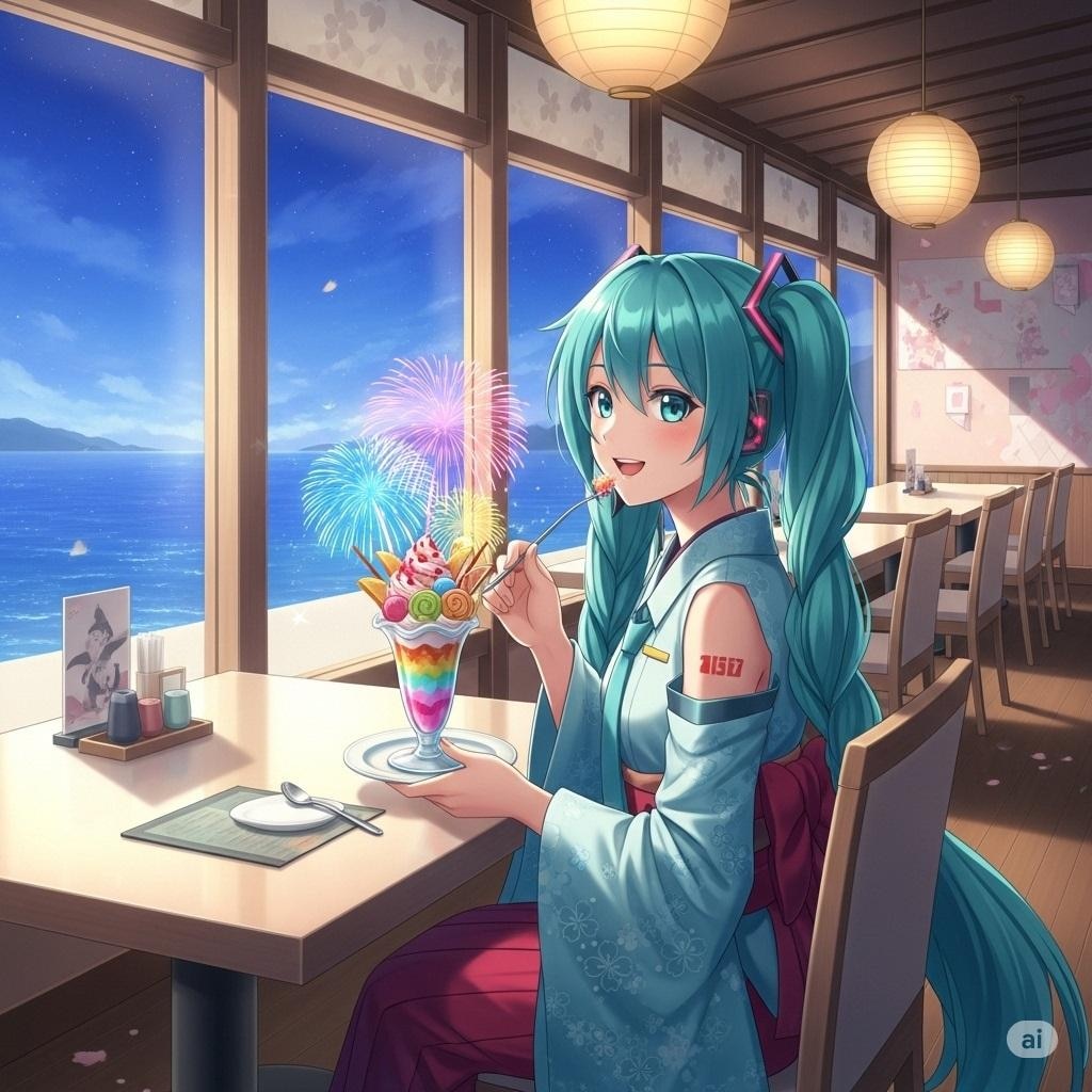 花火パフェと巫女さん