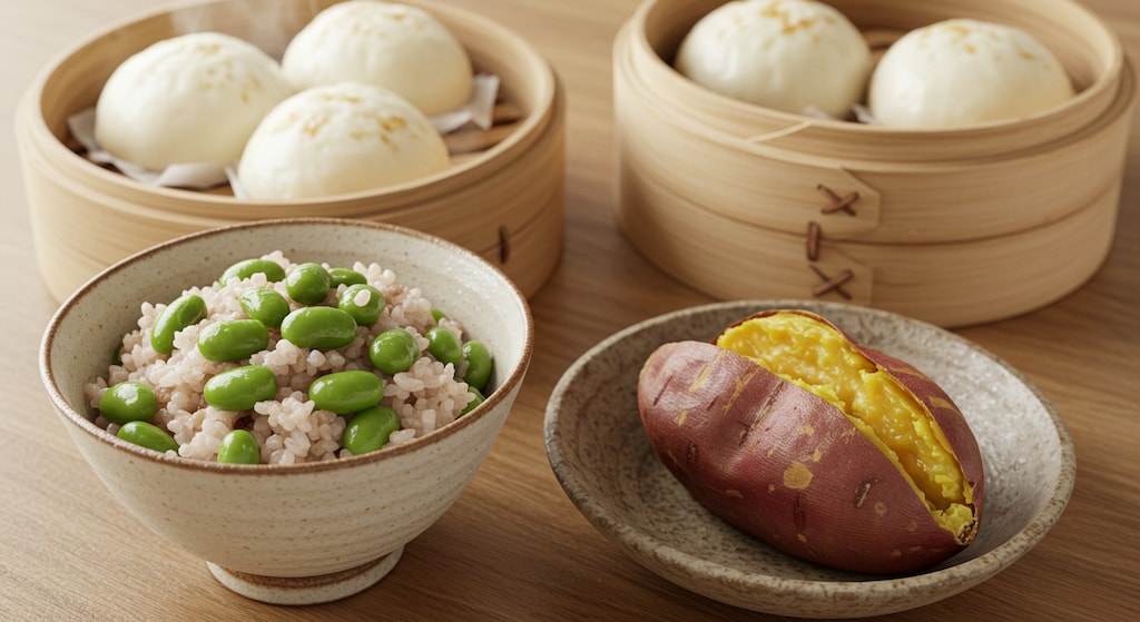 摩訶不思議食堂の薩摩芋と豆御飯とピザまんのセット