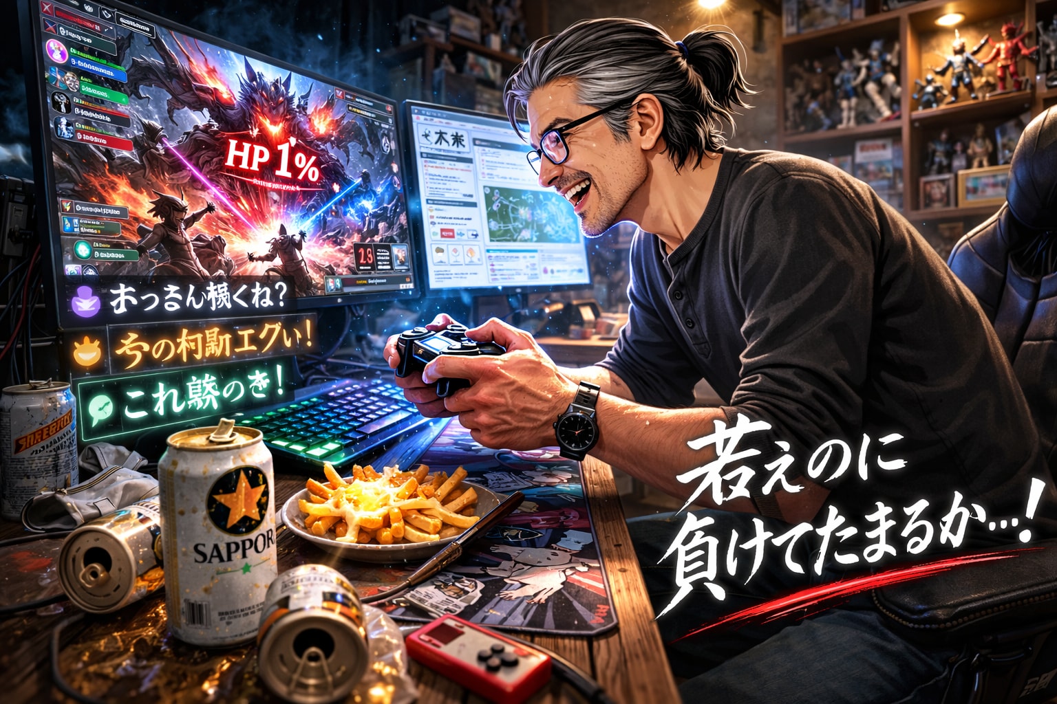 ファミコン世代の意地を見せるオジサン | の人気AIイラスト・グラビア