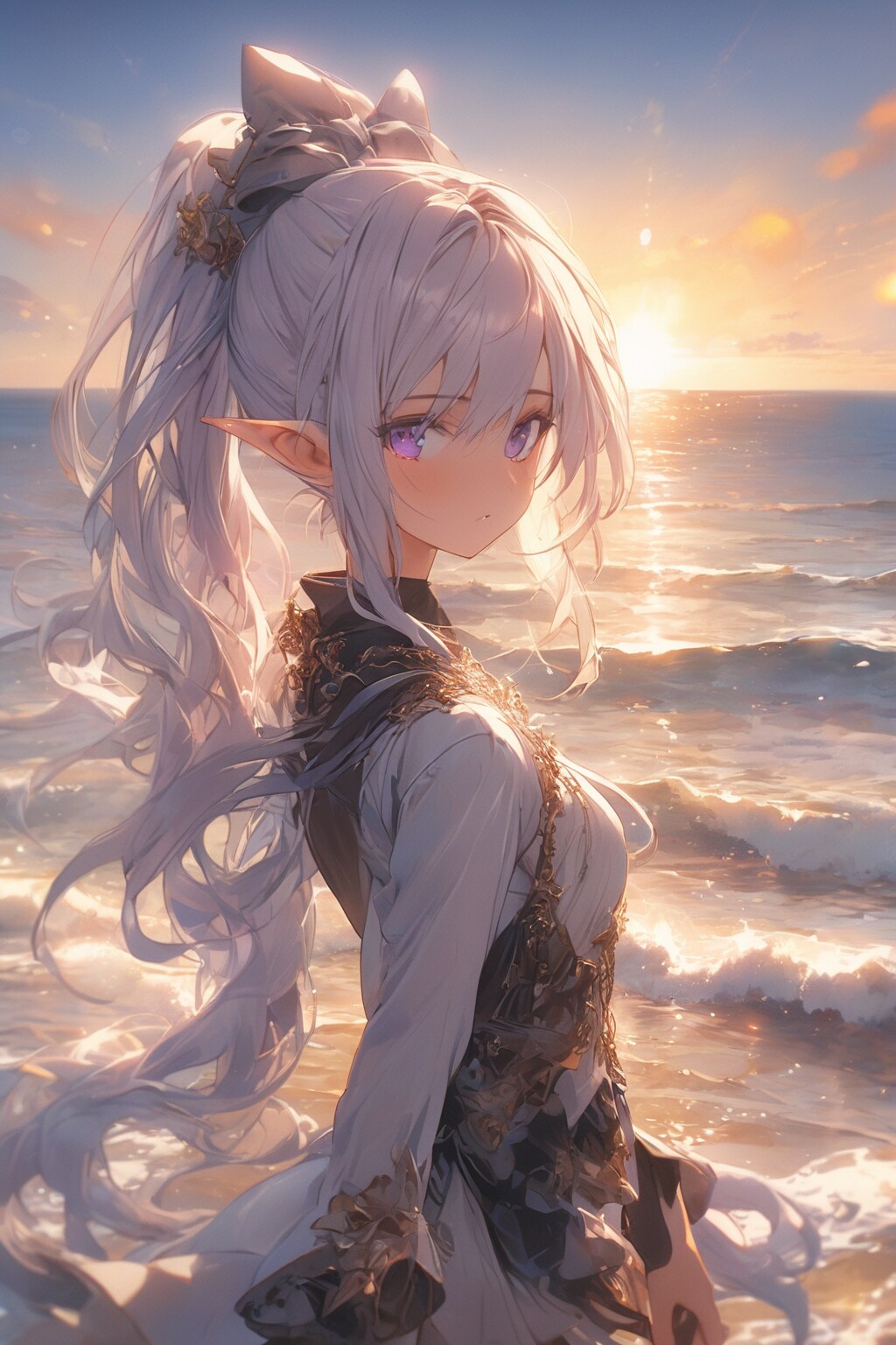 夕日とポニーテール