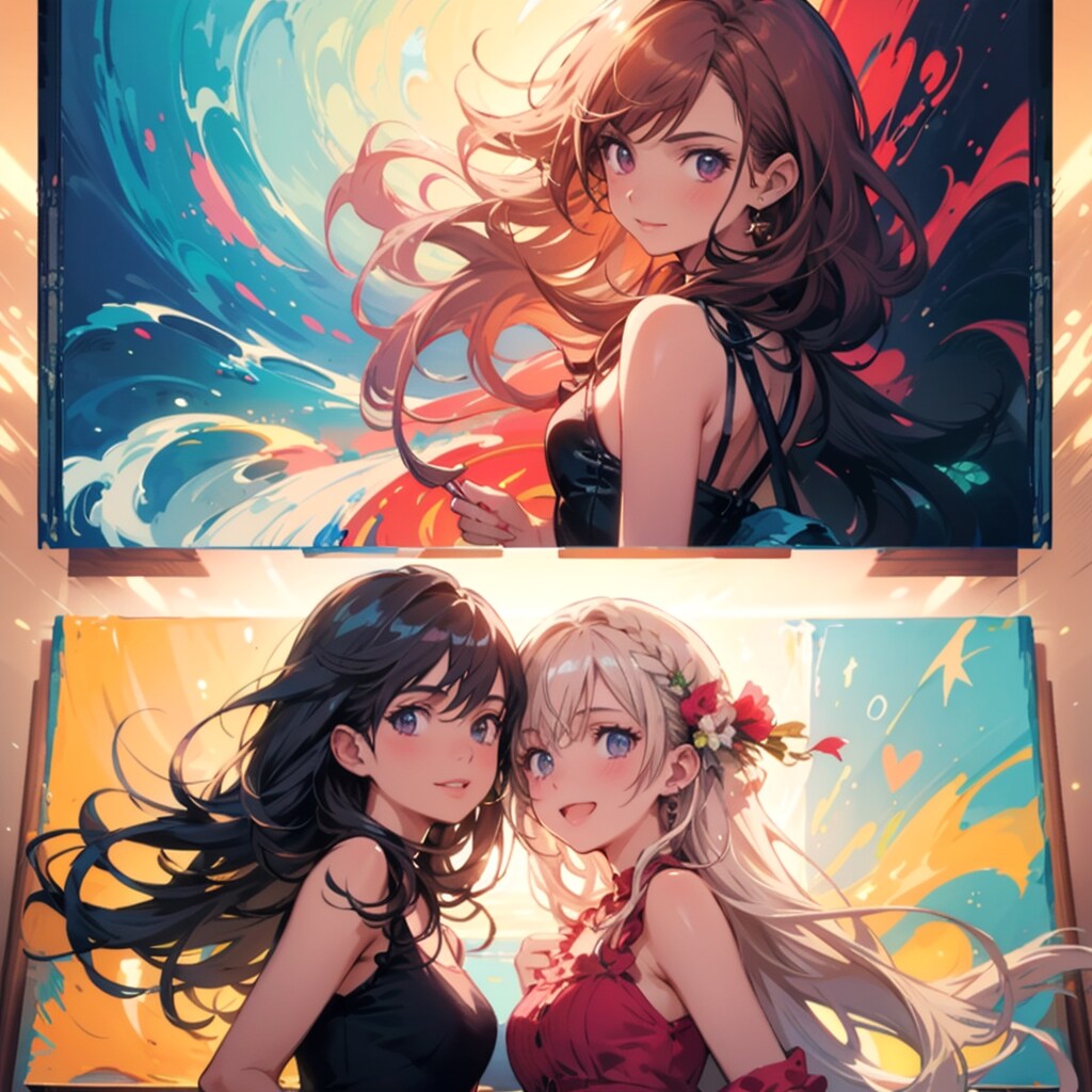 抽象画っぽい絵を描く少女