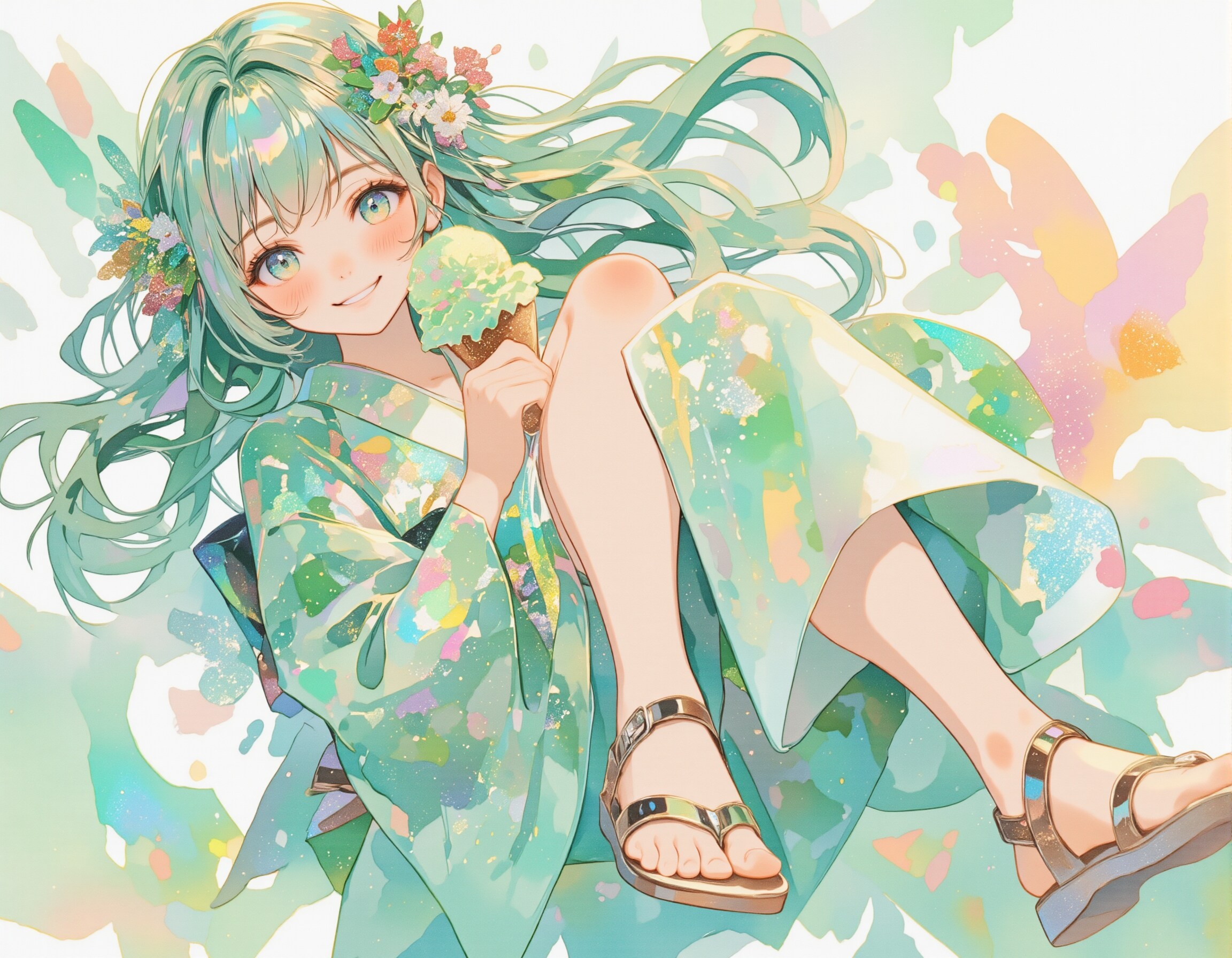 チョコミントアイスと着物の女の子 | の人気AIイラスト・グラビア