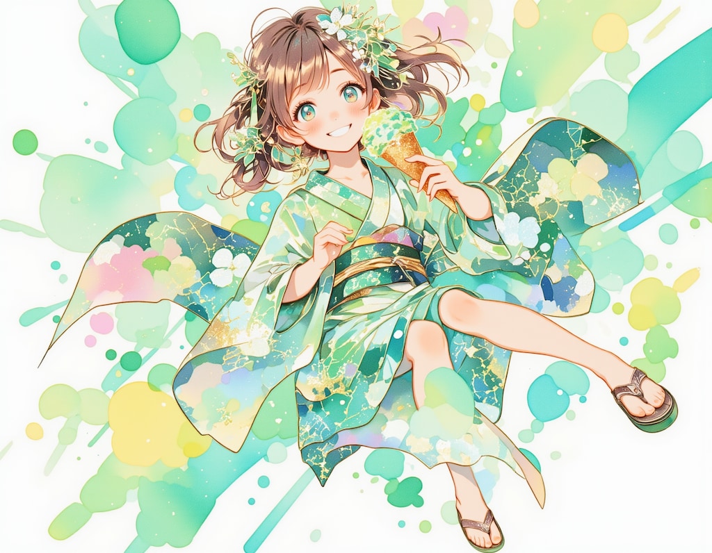 チョコミントアイスと着物の女の子