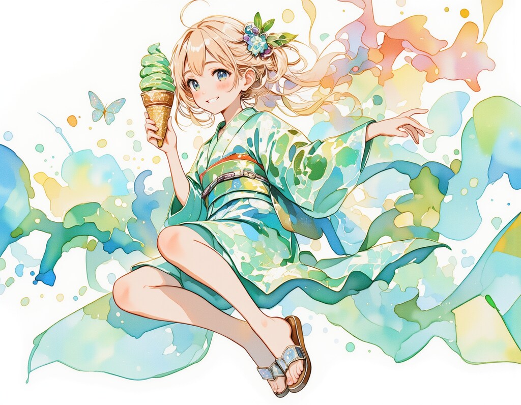 チョコミントアイスと着物の女の子