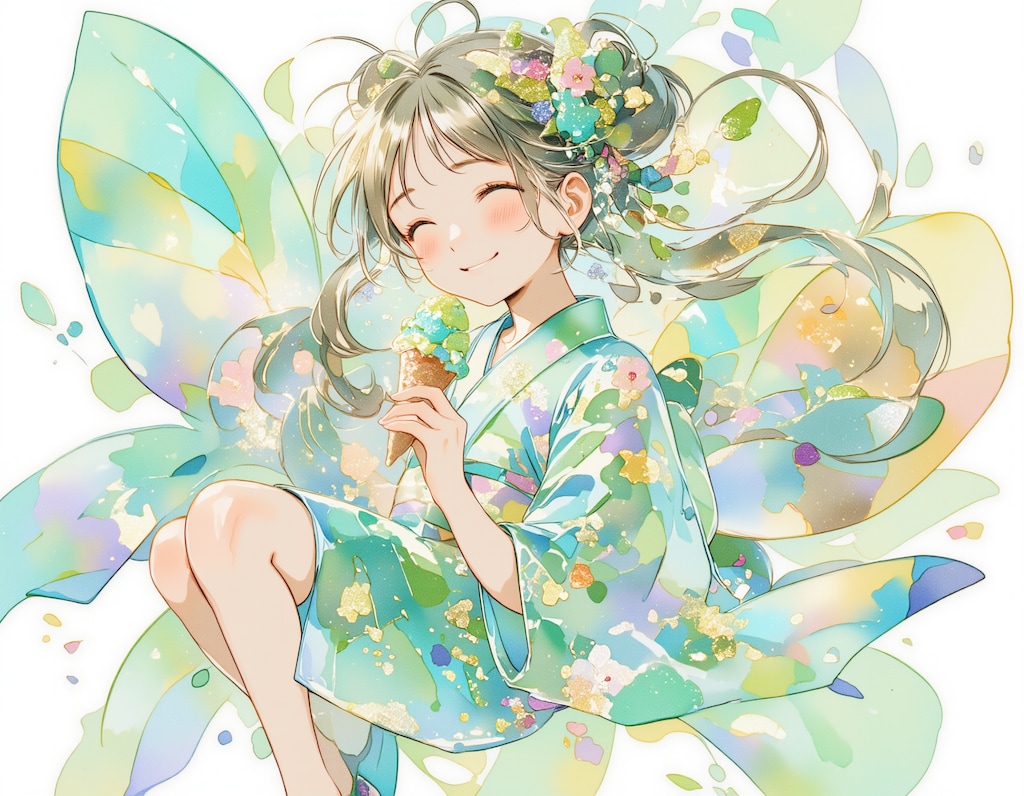 チョコミントアイスと着物の女の子