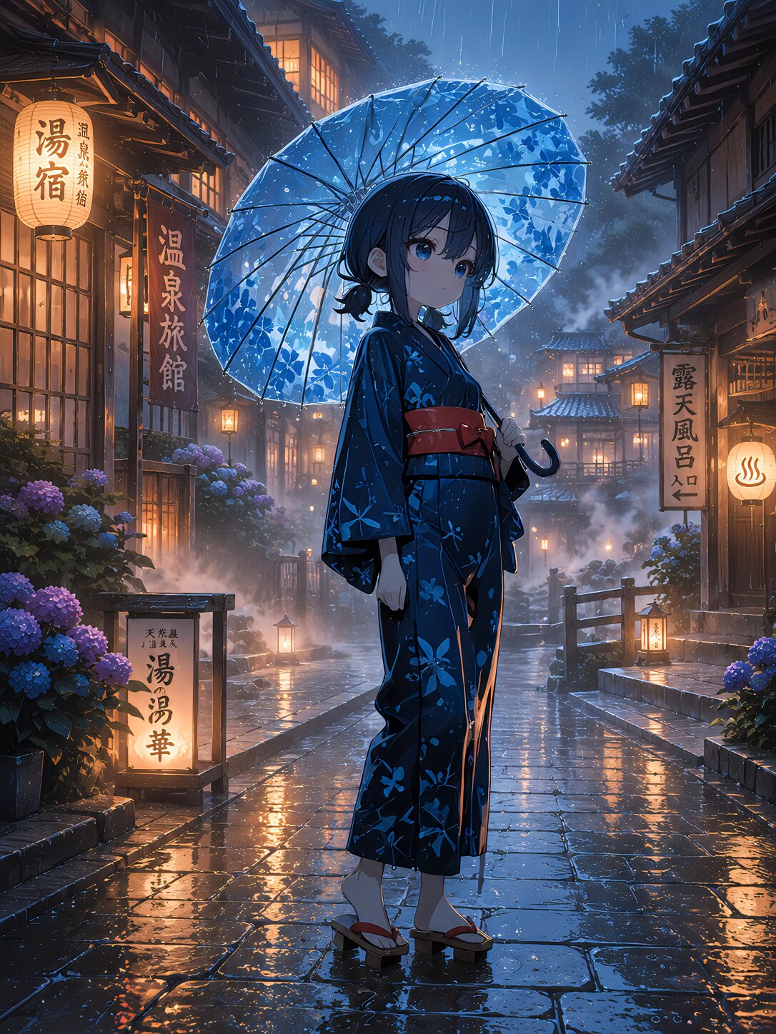 紫陽花雨の湯の町