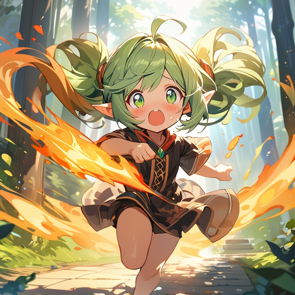 ファイヤーボールが崩れてしまうちびエルフちゃん