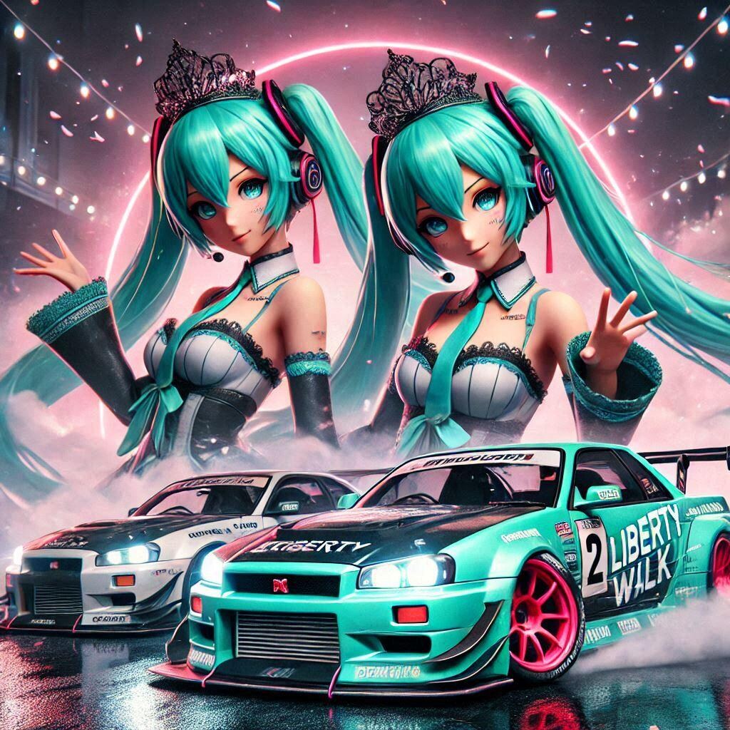 初音ミクキャラとリバティーウォーク日産スカイラインのドリ車