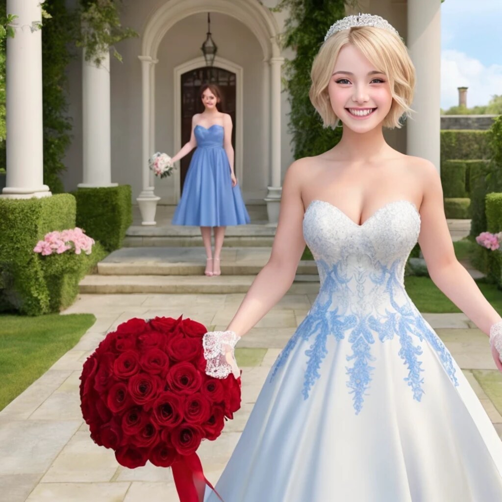 金髪ボブでウェディングドレスの美女