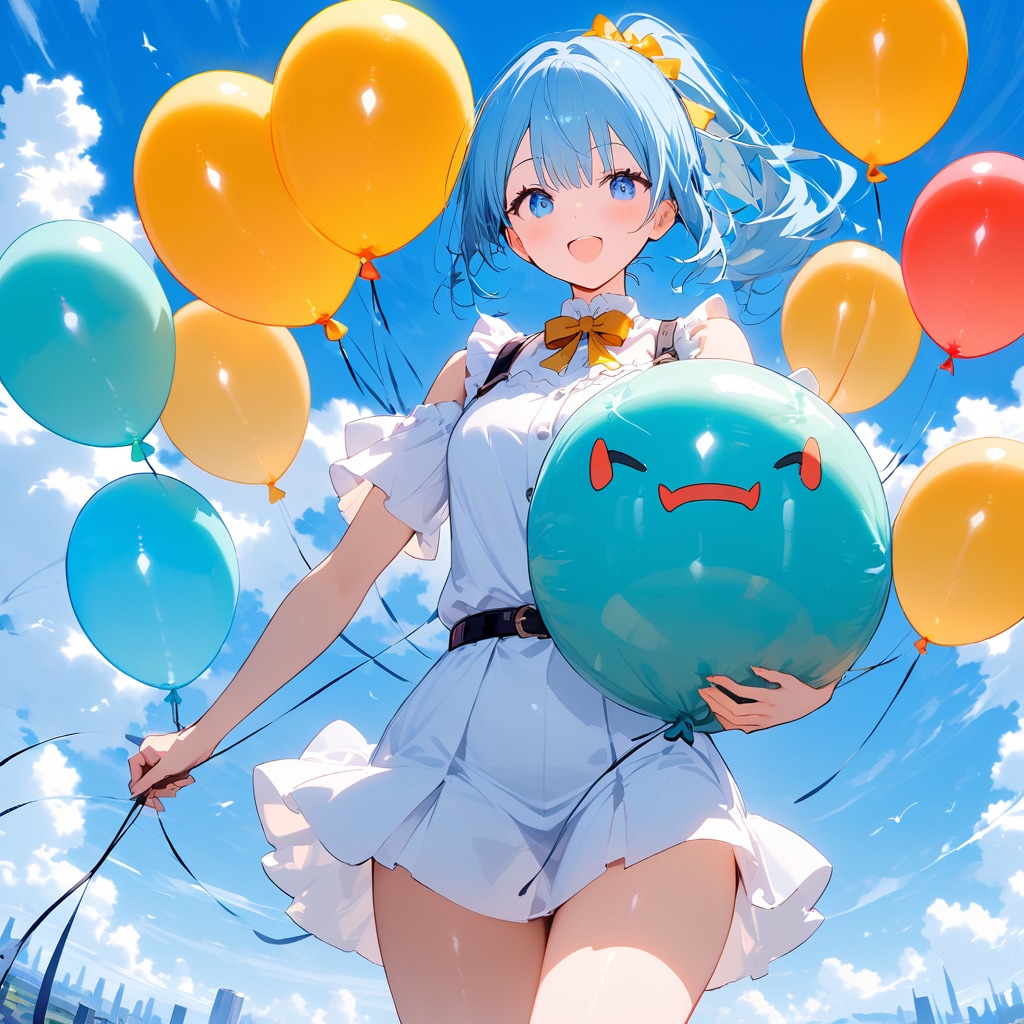 いっぱい風船を持つ水色髪ポニーテールのミニスカートの美女。