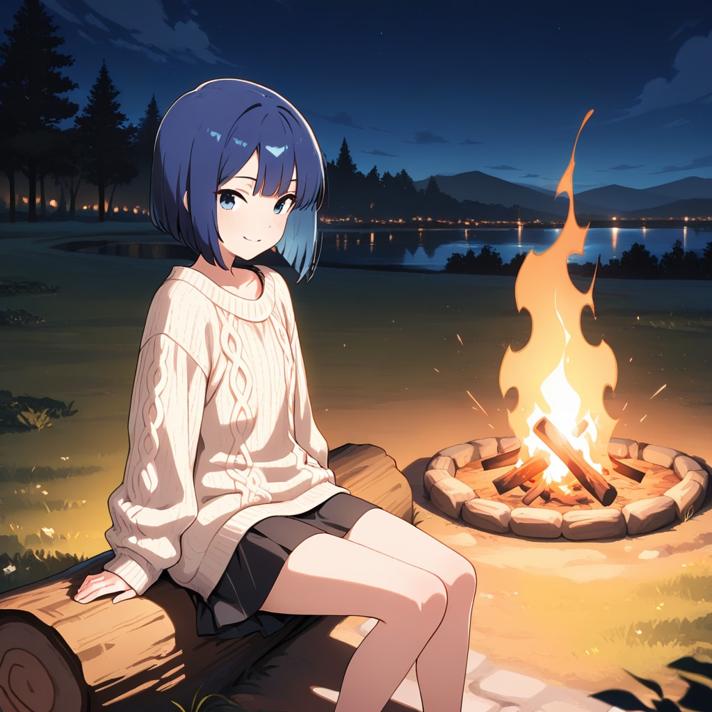 焚き火に照らされる静かな夜