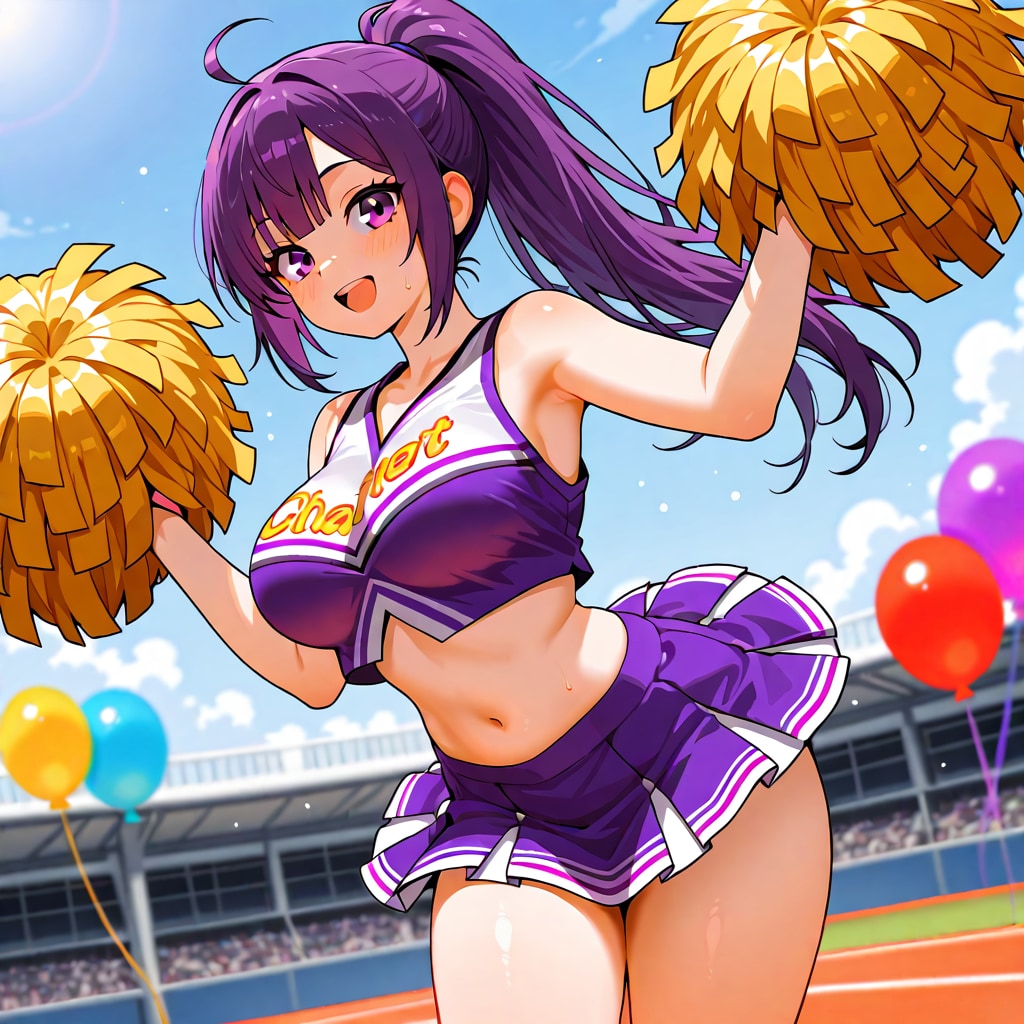 いっぱい色とりどりの風船を持つ紫髪ポニーテールのチアガール衣装着た美女