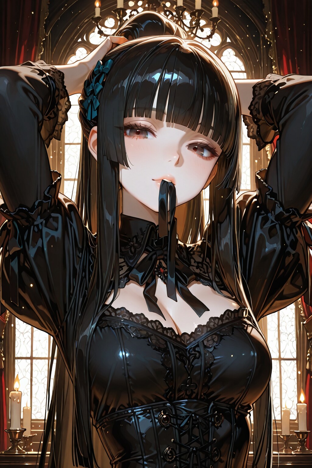 髪を結うゴスロリ少女。