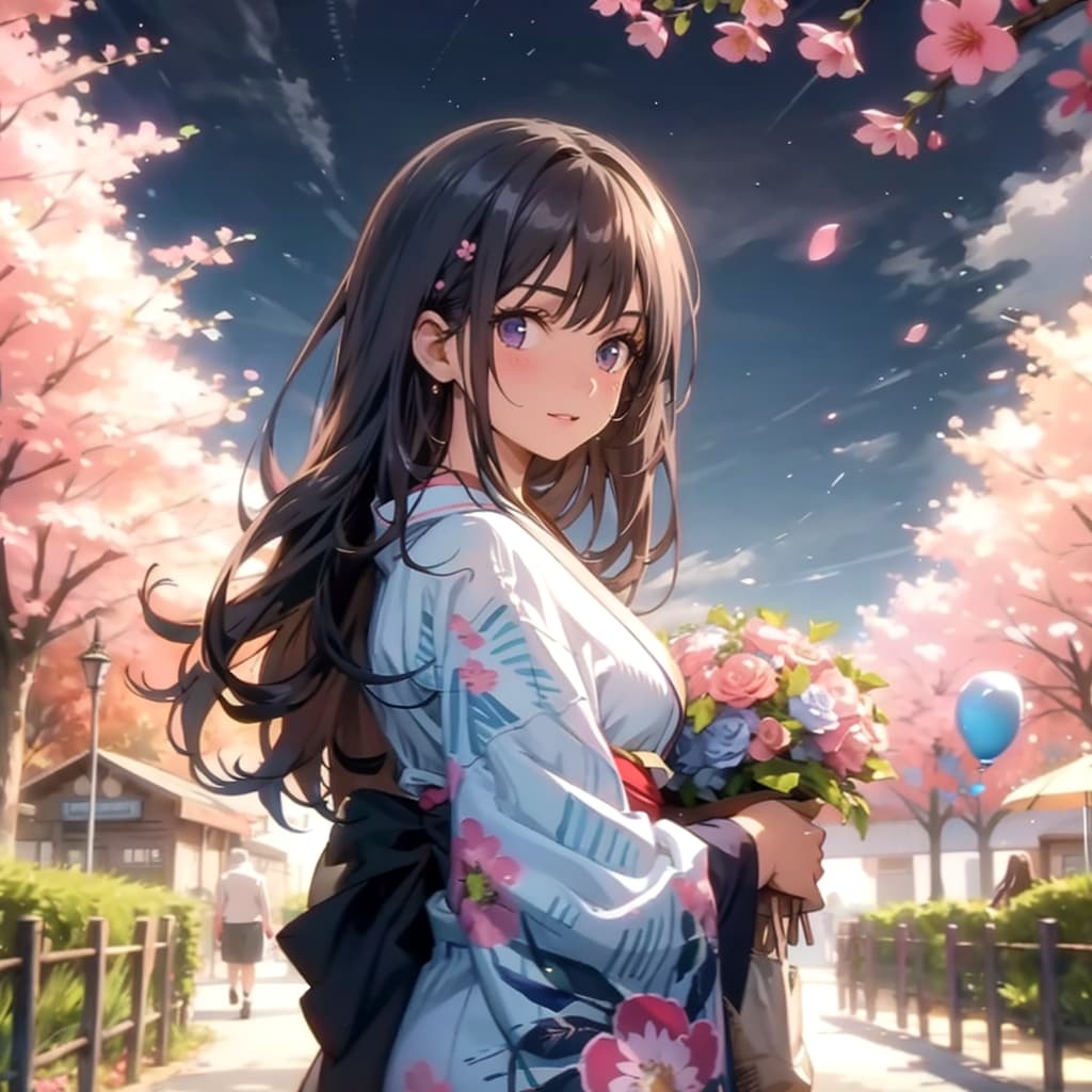 夜桜咲く公園で風船を持つ花柄の着物着た美女