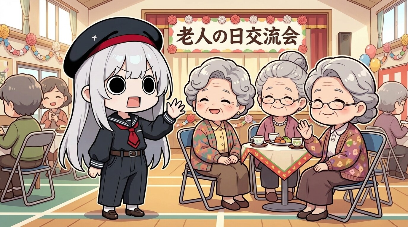 老人の日交流会で挨拶するえらいこっちゃ嬢 | の人気AIイラスト・グラビア