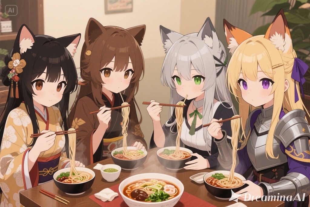 煮込みラーメンを作るみことちゃんた食べるうちの子