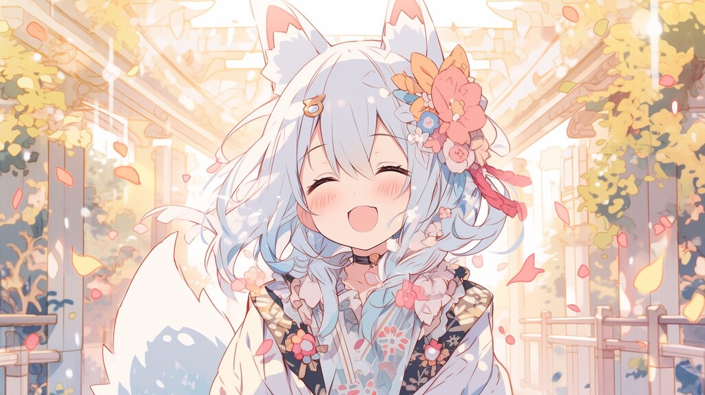 笑顔のキツネ耳少女と秋の神社