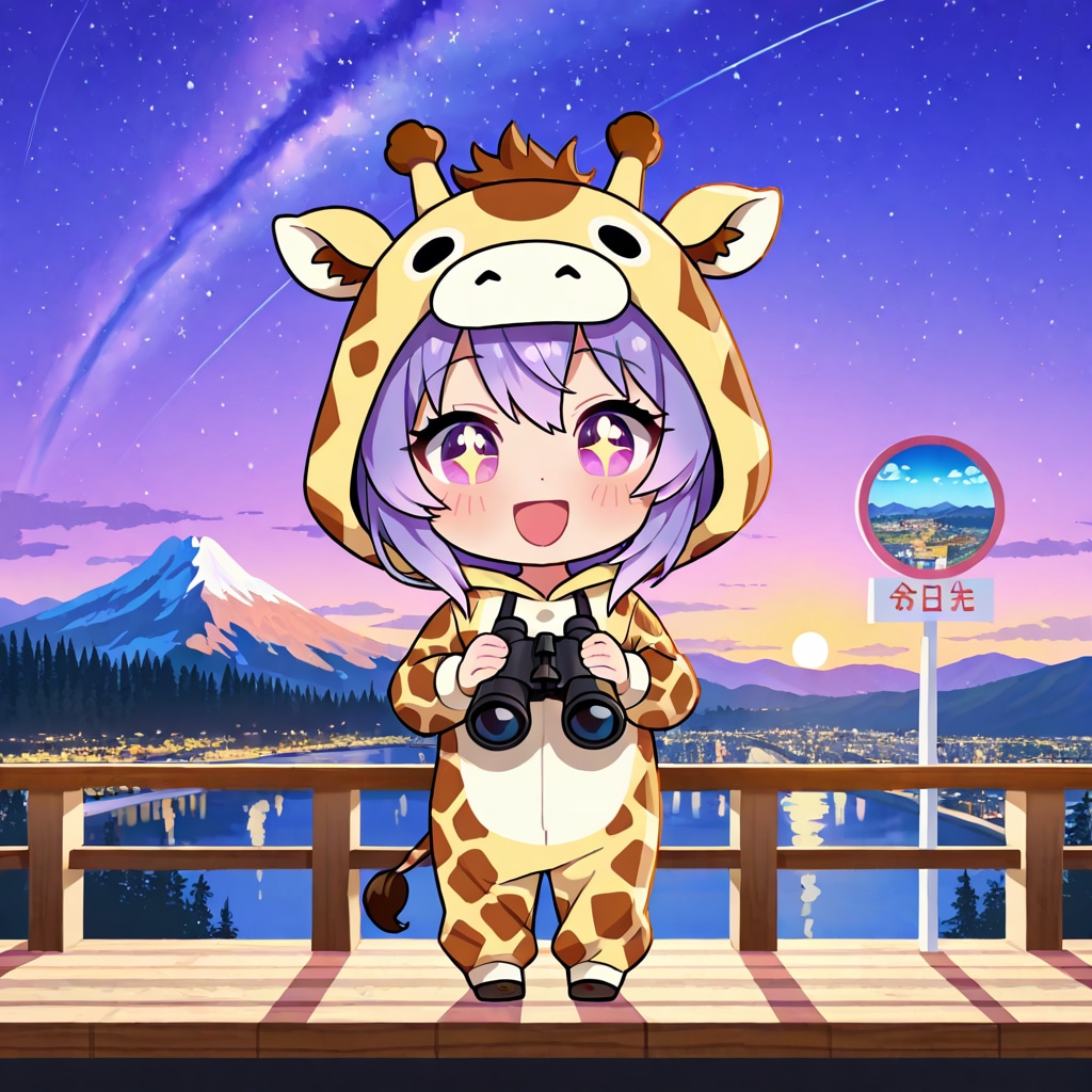 山の展望台から夜空を見上げるキリン着ぐるみちび子ちゃん