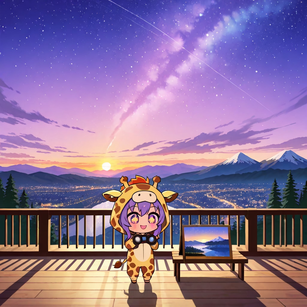 山の展望台から夜空を見上げるキリン着ぐるみちび子ちゃん
